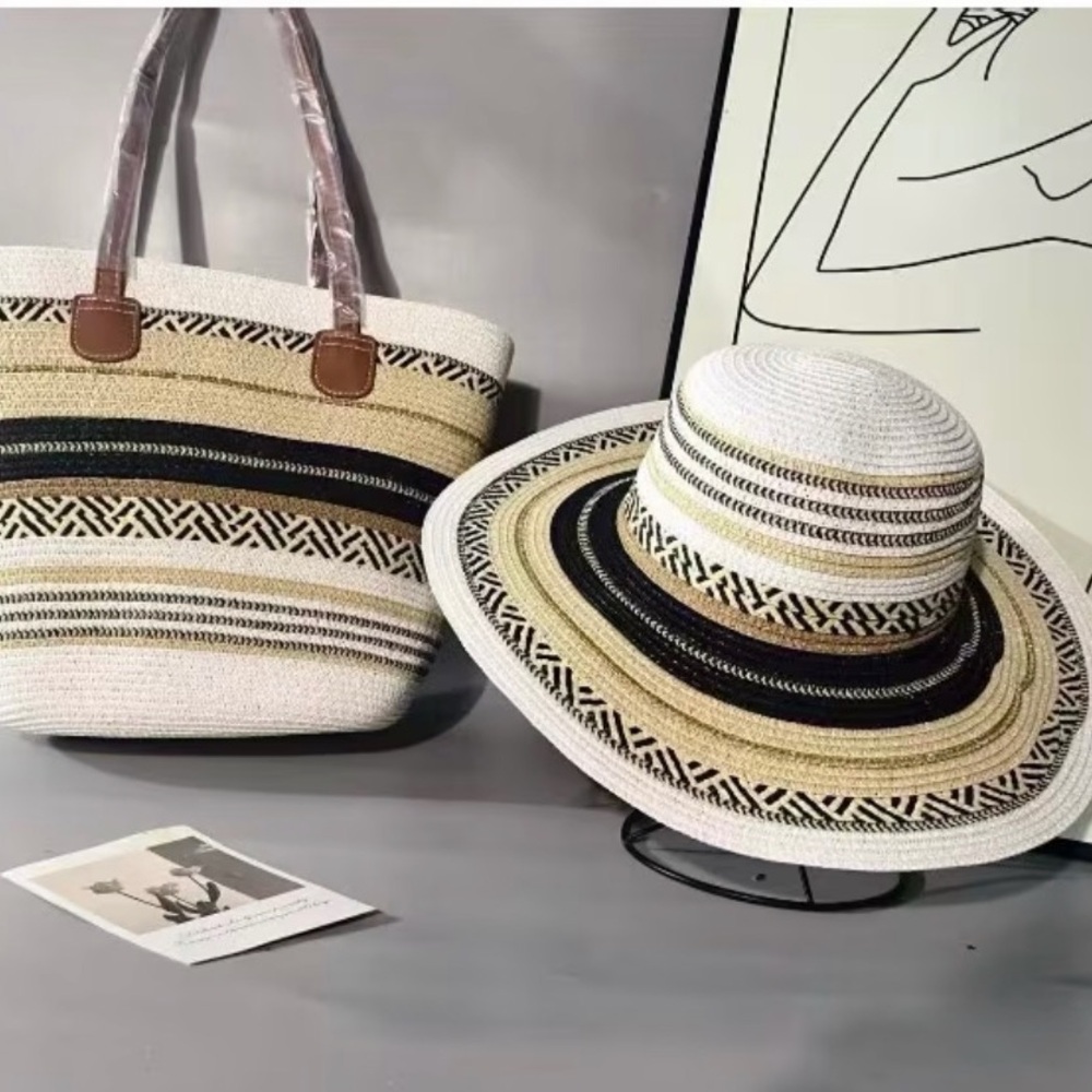Striped Straw Tote and Wide-Brim Hat Set - Natural, Brown, Black